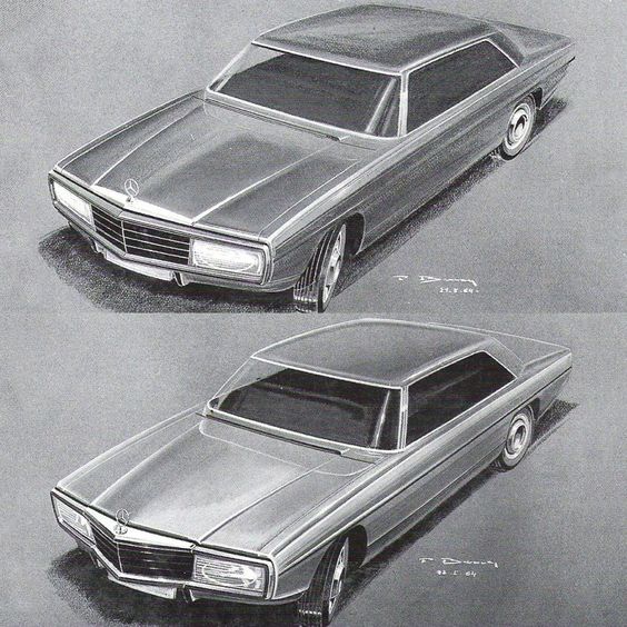 Vintage Mercedes-Benz car design sketches showcasing sleek, angular body and a prominent front grille.