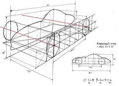 Technical sketch of a car design with precise measurements and grid lines for dimensions and proportions.