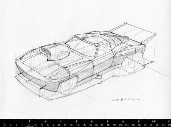 Hand-drawn car design sketch showcasing a sports car with elongated body and wing spoiler, featuring a ruler for scale.