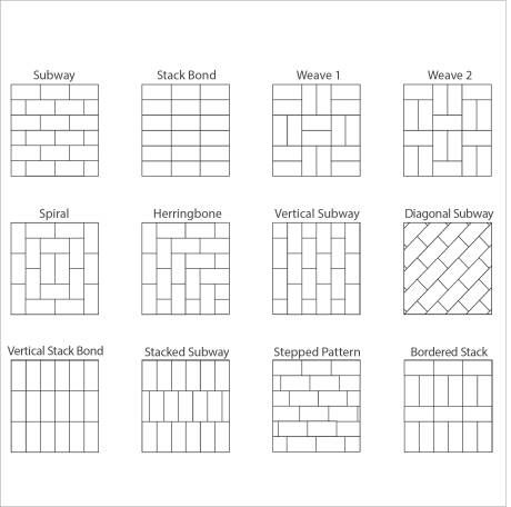 Illustration of 12 tile patterns: Subway, Stack Bond, Weave, Spiral, Herringbone, Vertical, and more.