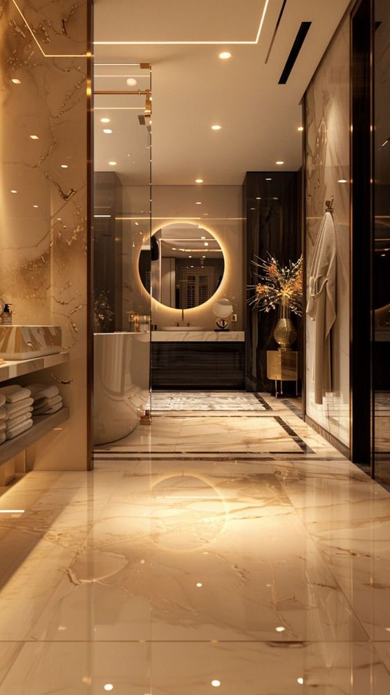 Luxurious marble bathroom with elegant lighting and modern round mirror.