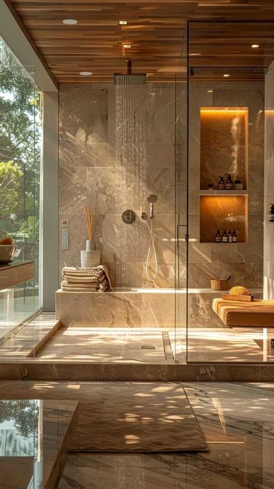 Luxurious modern bathroom with glass shower, warm lighting, and elegant wood and stone design elements.