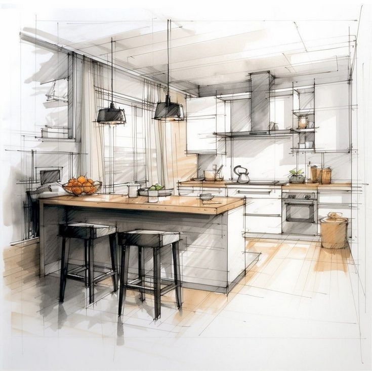 Sketch of a modern kitchen design with island, bar stools, and appliances, showcasing a minimalist interior layout.