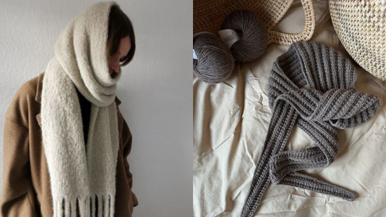 Cozy winter scarves: beige scarf worn with brown coat and gray knitted scarf with yarn balls. Warm fashion essentials.