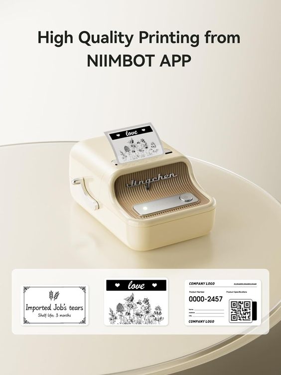 Vintage style printer showcasing high-quality prints using NIIMBOT APP on a table, with sample labels displayed below.