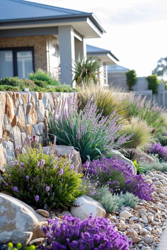 Beautifully landscaped front yard with flowering plants and rock garden in front of a modern house with a stone wall.