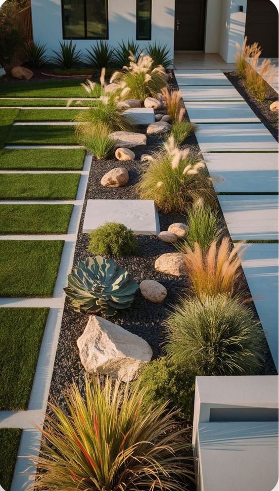 Modern front yard featuring minimalist landscaping with succulents, ornamental grasses, rocks, and concrete stepping stones.