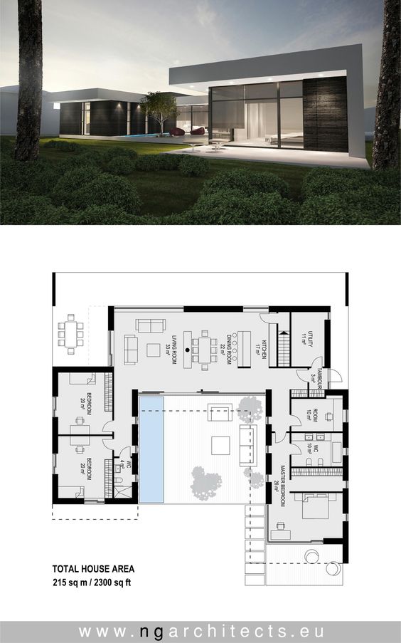 Modern house exterior and floor plan, 2300 sq ft, featuring open spaces and contemporary design by NG Architects.