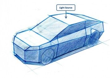 Sketch of a car with blue lines showing light source direction, emphasizing 3D shading and perspective.