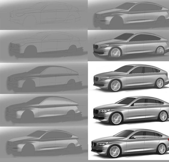 Car design process from sketch to 3D model, showcasing evolution and refinement in five stages.