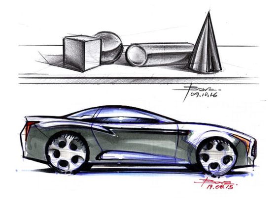 Car concept sketch with geometric shapes, showcasing sleek design and proportions.