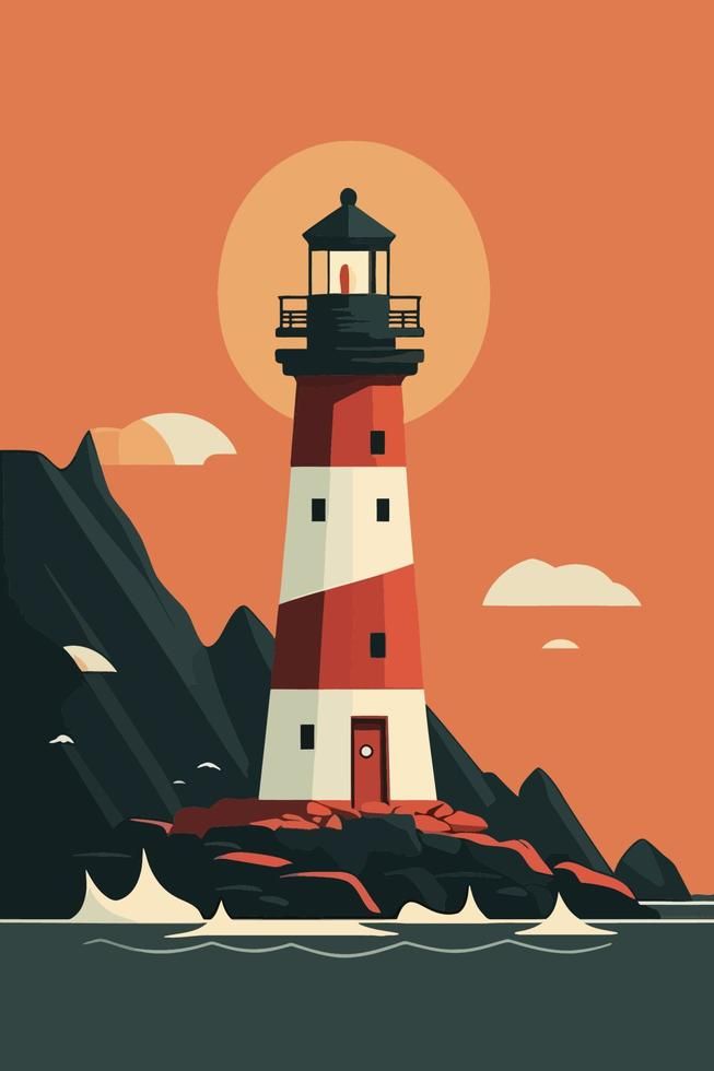 Illustration of a red and white lighthouse on rocky cliffs with an orange sky, waves, and birds.