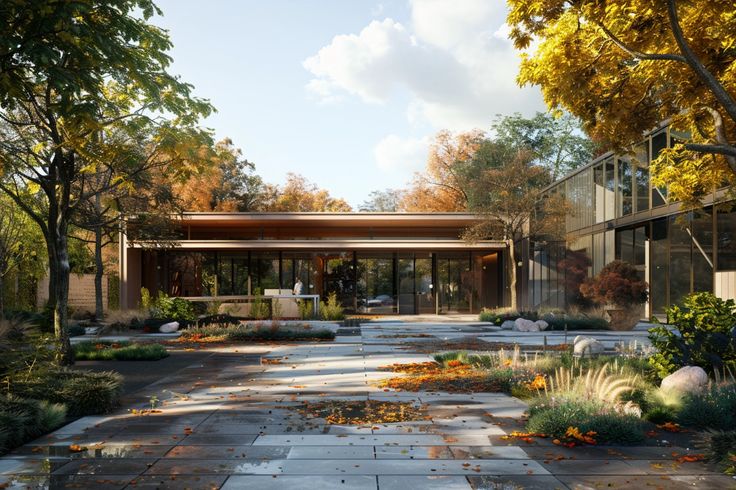 Modern glass house surrounded by autumn trees and landscaped garden, showcasing contemporary architecture.