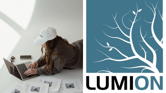 Person working on a laptop with Lumion documents, logo featuring a graphic tree with the word Lumion in blue.