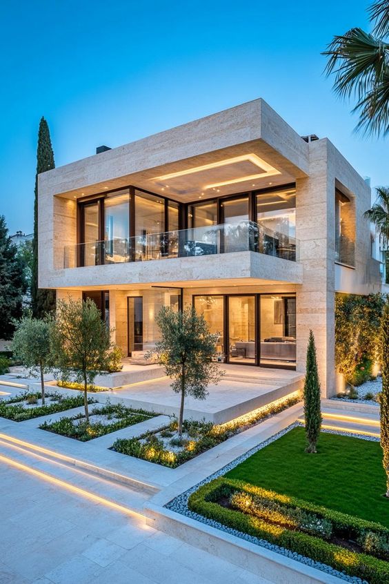 Modern luxury villa with large glass windows, elegant lighting, and landscaped garden at dusk.