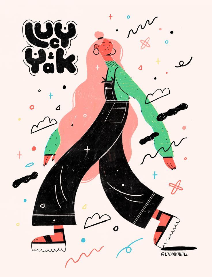 Illustration of a stylish person with long pink hair wearing overalls, surrounded by playful abstract shapes.