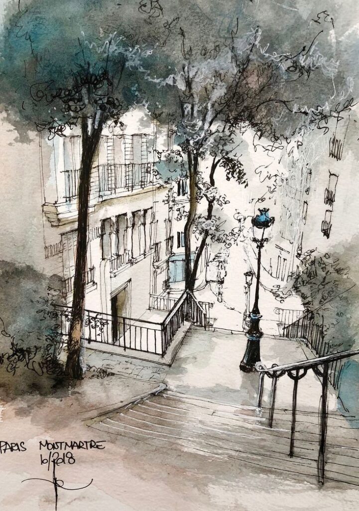 Watercolor sketch of Montmartre stairs in Paris, featuring trees and old buildings, capturing a charming urban scene.