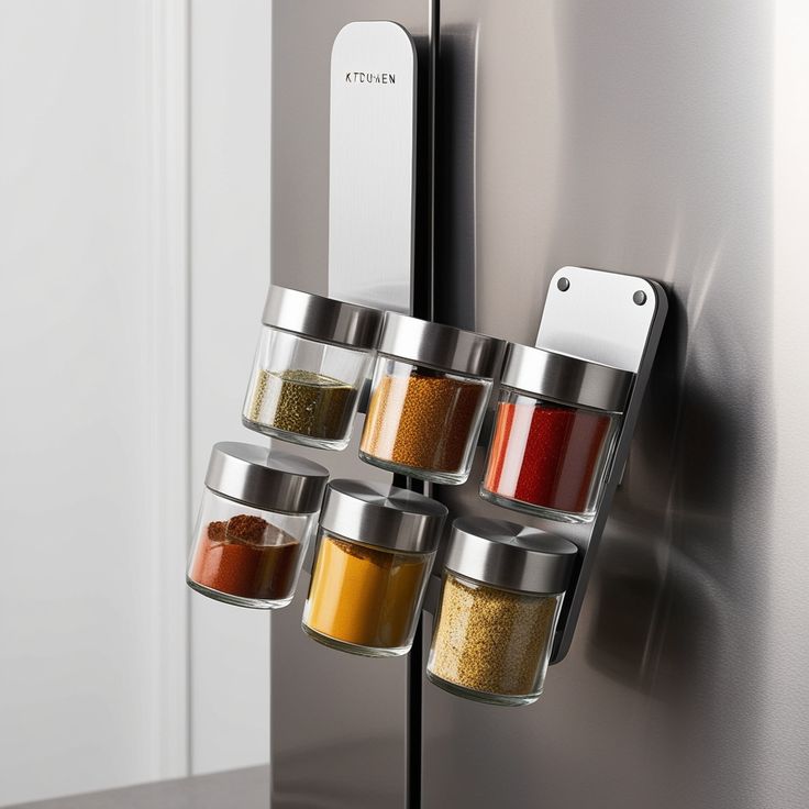 Magnetic spice jars with stainless steel lids attached to a refrigerator, showcasing a variety of colorful spices.