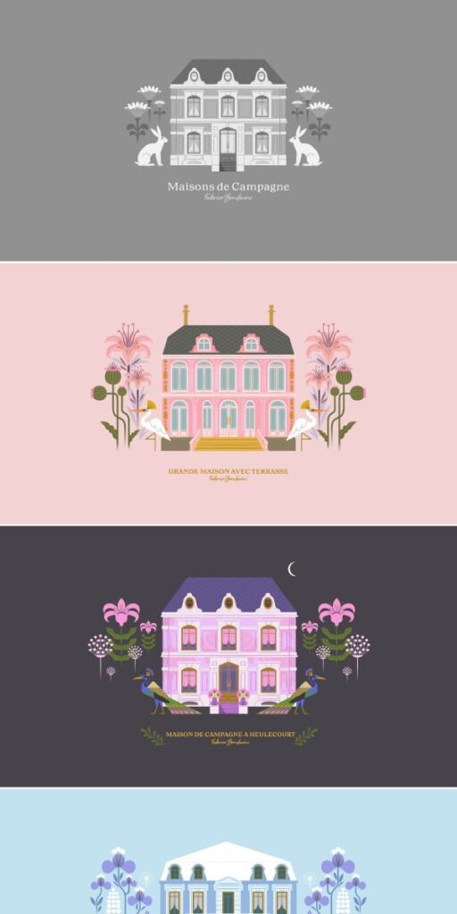 Elegant illustrations of country houses with flowers and birds. French captions describe each unique design.