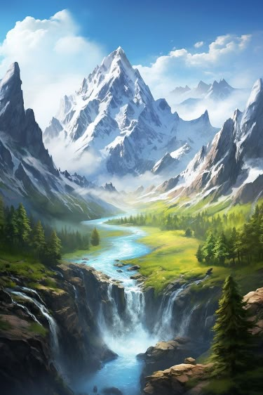 Scenic mountain landscape with a river cascading into a waterfall, surrounded by lush greenery under a clear blue sky.