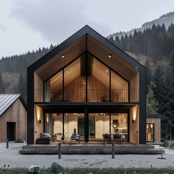 Modern cabin with large windows in a forested mountain setting, showcasing contemporary architecture and natural design.