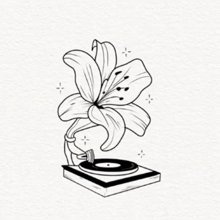 Illustration of a lily flower growing from a vinyl record player, blending nature with music.