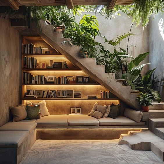 Cozy reading nook under stairs with lush plants and warm lighting, ideal for relaxation and inspiration.