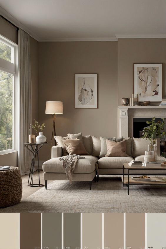 Modern living room with a cozy beige sofa, abstract art, and neutral color palette for a serene atmosphere.