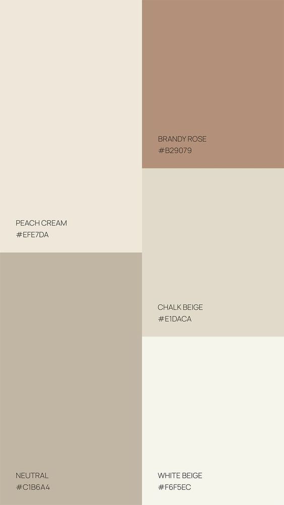 Neutral color palette with Peach Cream, Brandy Rose, Chalk Beige, Neutral, and White Beige shades and hex codes.