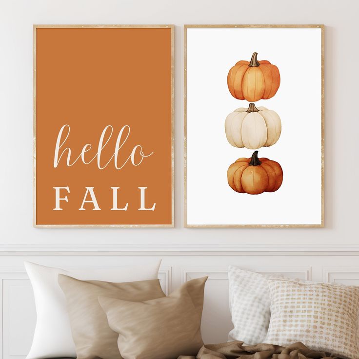 Hello Fall sign and stacked pumpkins on cozy wall decor, perfect for autumn home inspiration.