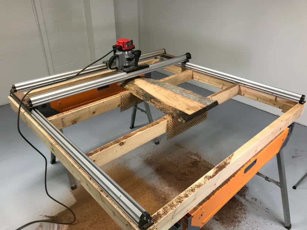 CNC router table in workshop, flattening wood slab for a woodworking project.