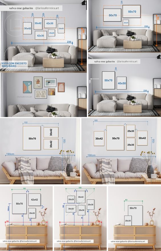 Wall art arrangement guide with various frame sizes over sofas; includes dimensions for perfect gallery wall setup.