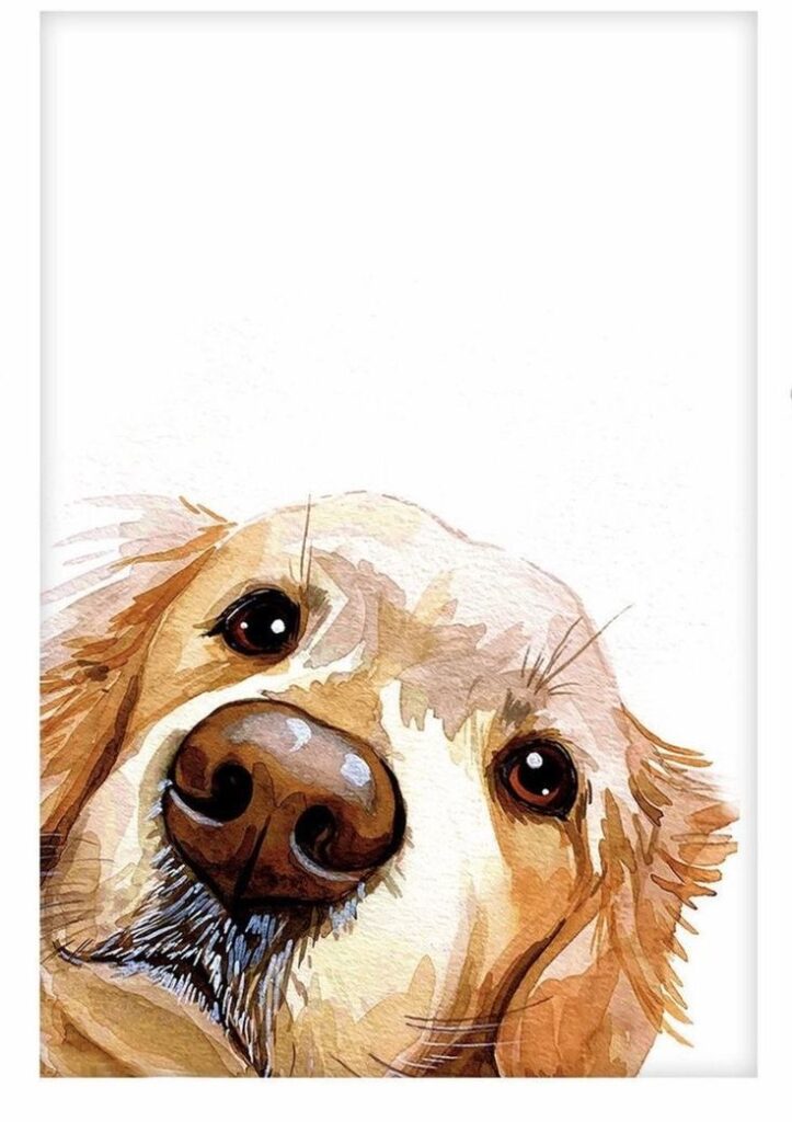 Watercolor painting of a curious Golden Retriever looking up, showcasing its playful personality on a white background.