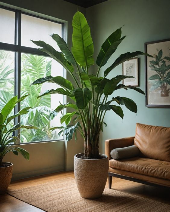 Tall indoor plant in a modern living room with a leather couch and large window for natural light.