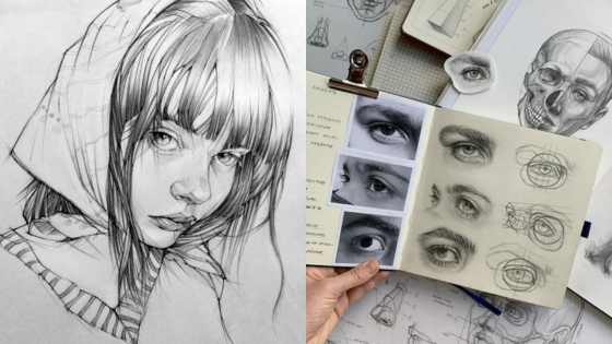 Pencil sketches showcasing a detailed portrait and various eye studies in an artist's sketchbook. Perfect for drawing inspiration.