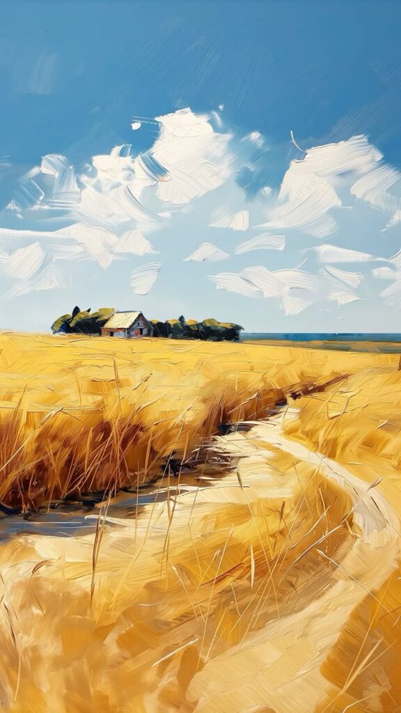 Impressionist landscape of a golden wheat field under a blue sky with clouds, featuring a distant farmhouse.