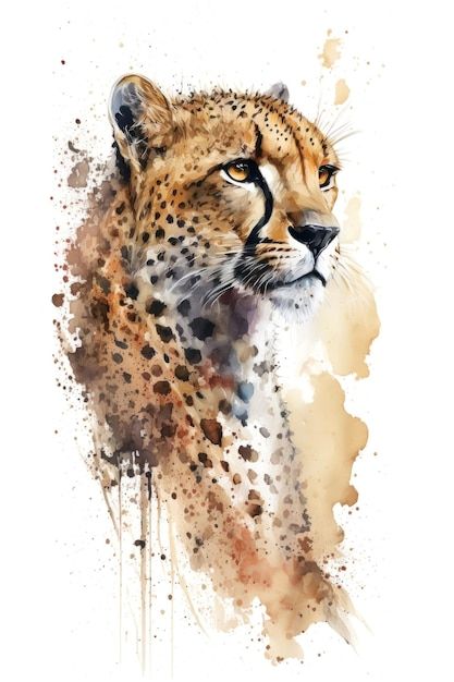 Watercolor illustration of a cheetah with splashes of earthy tones, capturing the animal's grace and intensity.