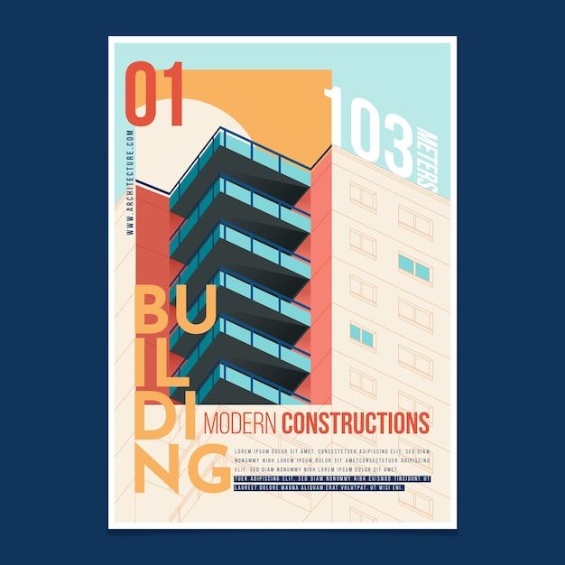 Modern building poster design featuring colorful geometric architecture with the text Modern Constructions.