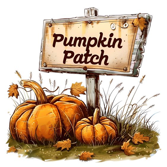 Illustrated sign reading Pumpkin Patch with pumpkins and autumn leaves around it.