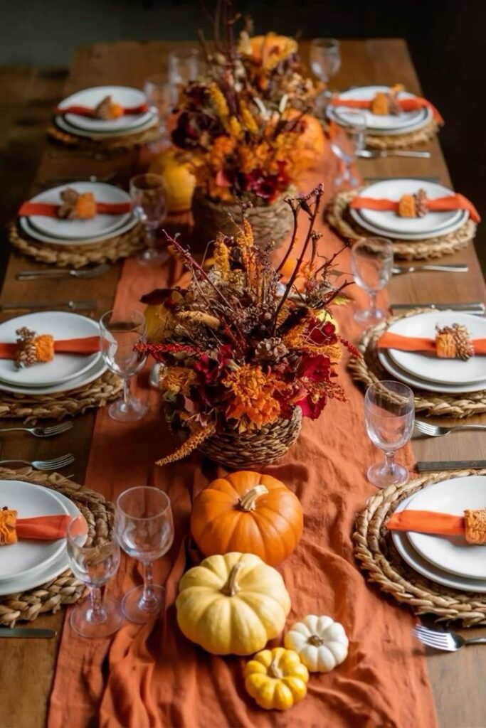 Elegant autumn table setting with pumpkins, orange decor, and floral centerpieces for a festive occasion.