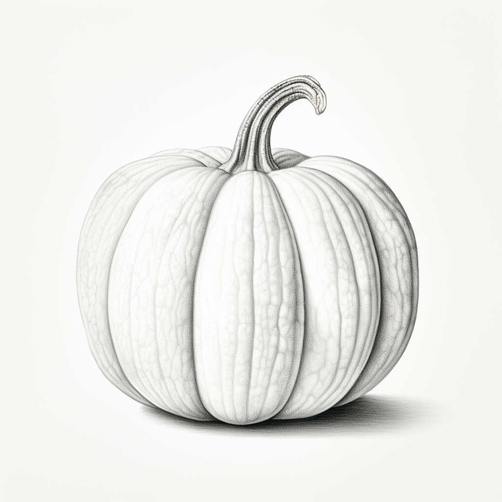 Black and white pumpkin sketch with detailed shading and texture on a light background.