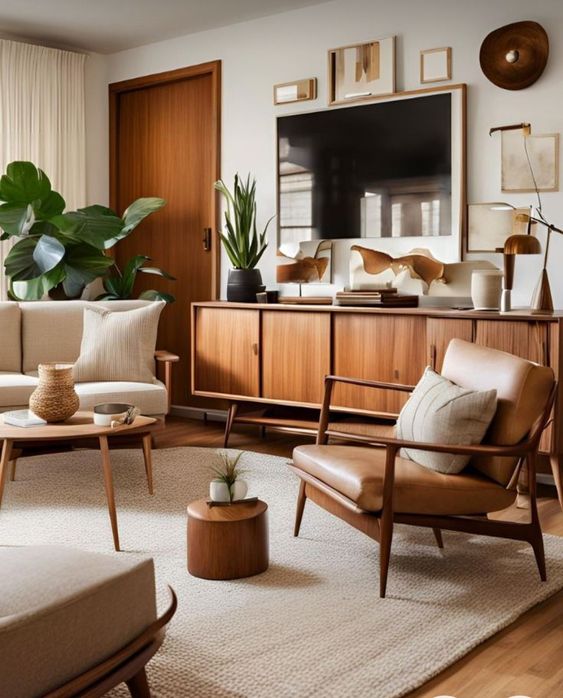 Stylish mid-century modern living room with wooden furniture and lush green plants.