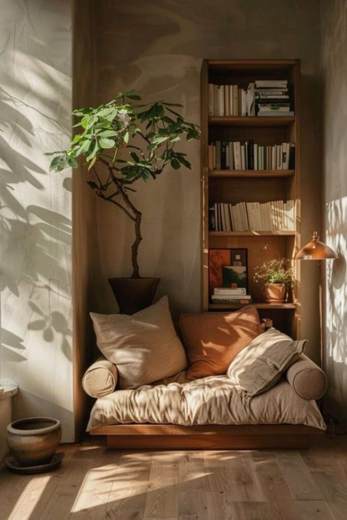 Cozy reading nook with plants, a plush sofa, and bookshelves bathed in warm sunlight in a stylish, serene room.