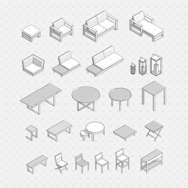 Isometric furniture vector set featuring chairs, sofas, tables, and benches in grayscale.