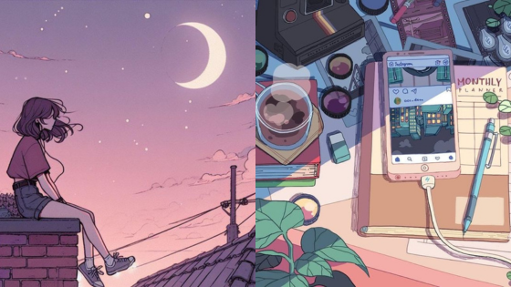 Illustrated scene of a girl on a rooftop at sunset with a crescent moon, and a cozy desk setup with a smartphone.