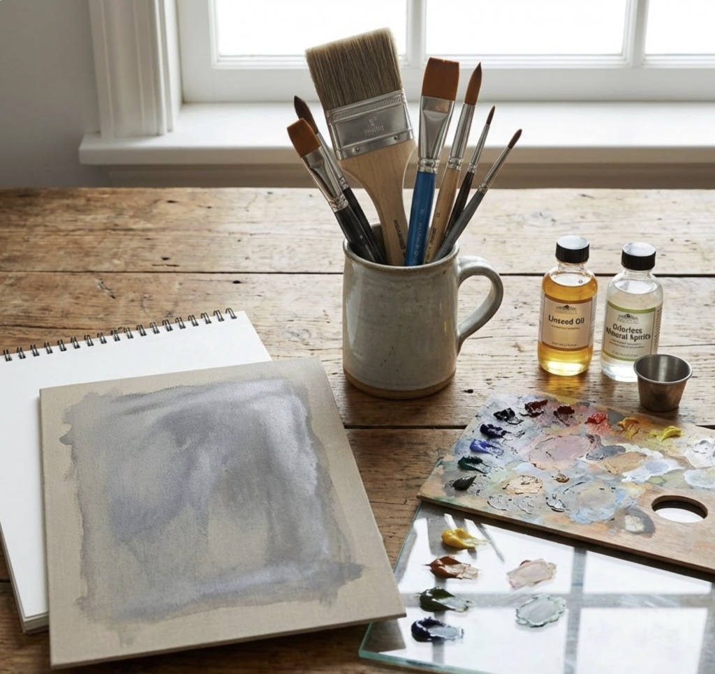 Screenshot 2026-02-15 at 140956 Sunlit artist workspace with assorted paintbrushes in a mug, palette with oil paints, mixing glass and a primed canvas on wooden table. | Sky Rye Design Sunlit artist workspace with assorted paintbrushes in a mug, palette with oil paints, mixing glass and a primed canvas on wooden table.