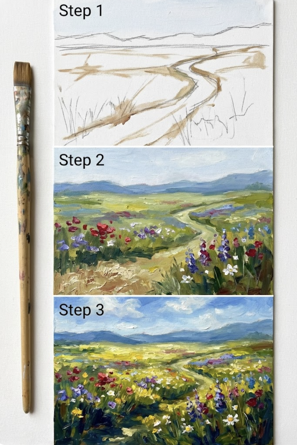 Screenshot 2026-02-15 at 141345 Three-step painting tutorial showing sketch to finished oil landscape: winding path through colorful wildflower meadow and distant hills. | Sky Rye Design Three-step painting tutorial showing sketch to finished oil landscape: winding path through colorful wildflower meadow and distant hills.