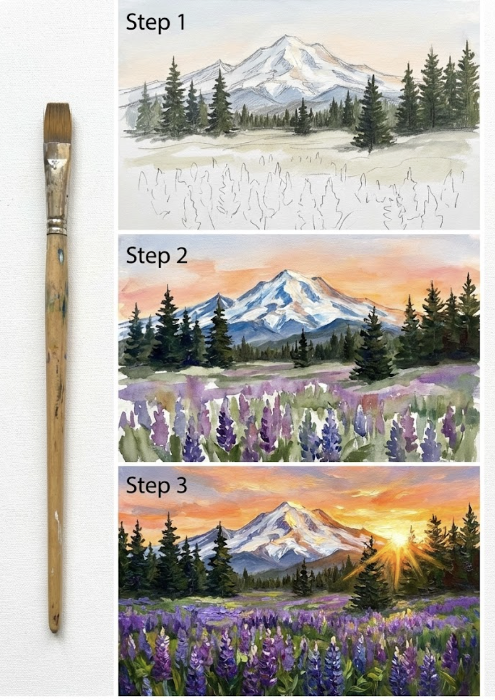 Screenshot 2026-02-15 at 141542 Watercolor tutorial: 3-step mountain sunset painting with pine trees and purple lupine field, paintbrush at left. | Sky Rye Design Watercolor tutorial: 3-step mountain sunset painting with pine trees and purple lupine field, paintbrush at left.