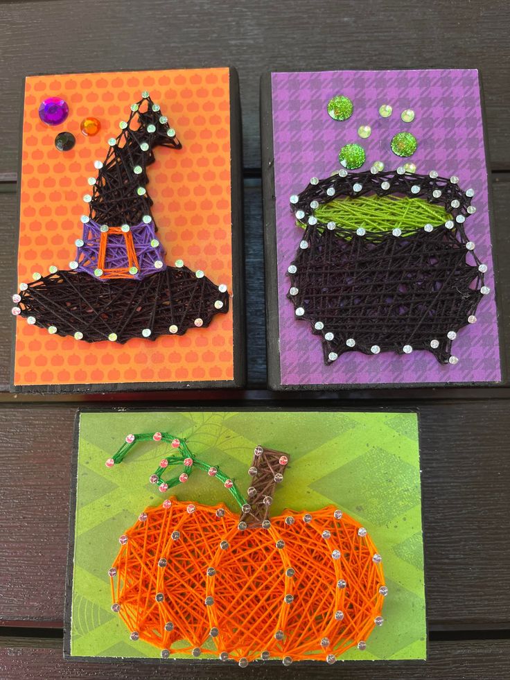 Halloween string art featuring a witch hat, bubbling cauldron, and pumpkin on vibrant backgrounds. Suitable for decor.