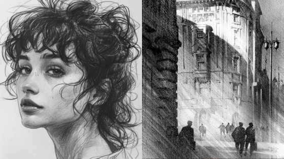 Portrait of a woman with curly hair alongside a sketch of a city street scene with buildings and pedestrians.